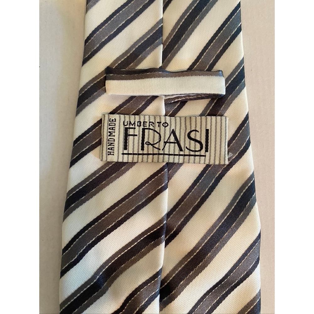 Umberto Frasi Mens Striped Necktie Cream Grey Navy Blue Handmade Polyester Tie